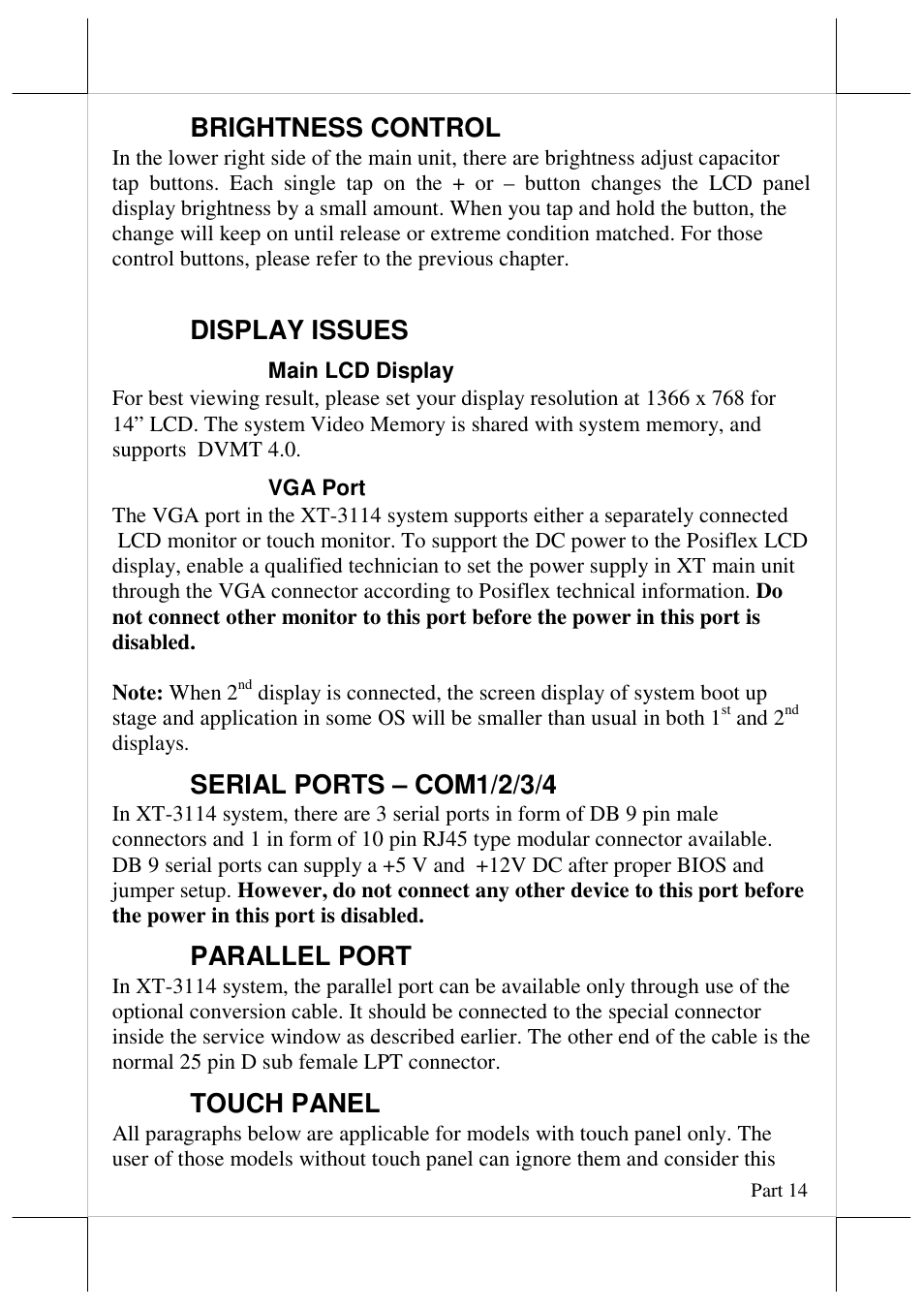 Brightness control, Display issues, Serial ports – com1/2/3/4 | Parallel port, Touch panel | Posiflex JIVA XT-3114 User Manual | Page 14 / 15