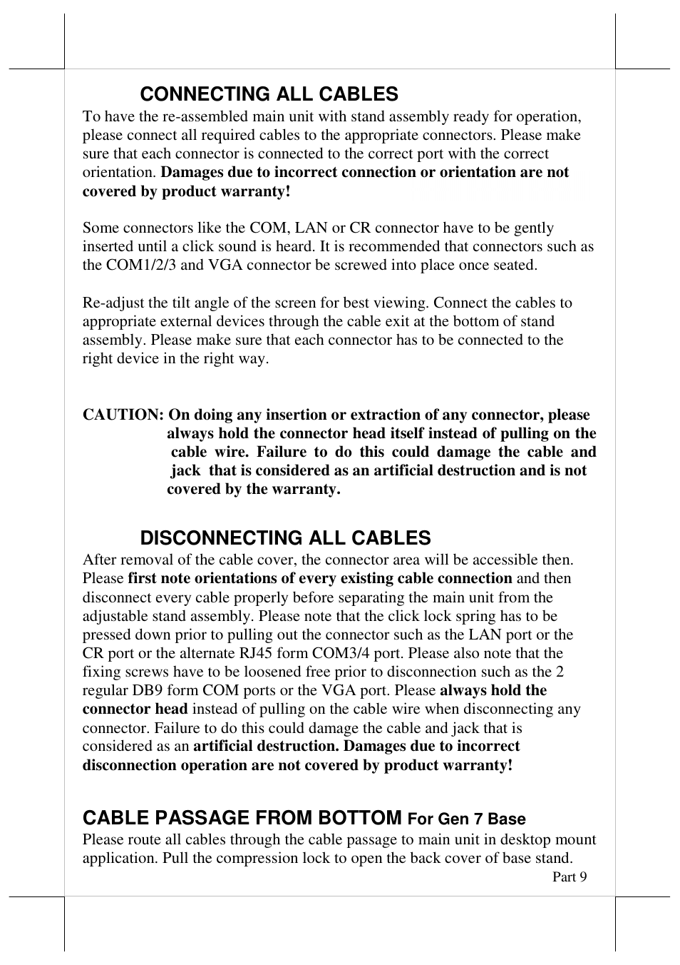 Connecting all cables, Disconnecting all cables, Cable passage from bottom | Posiflex JIVA XT-3114 User Manual | Page 9 / 15