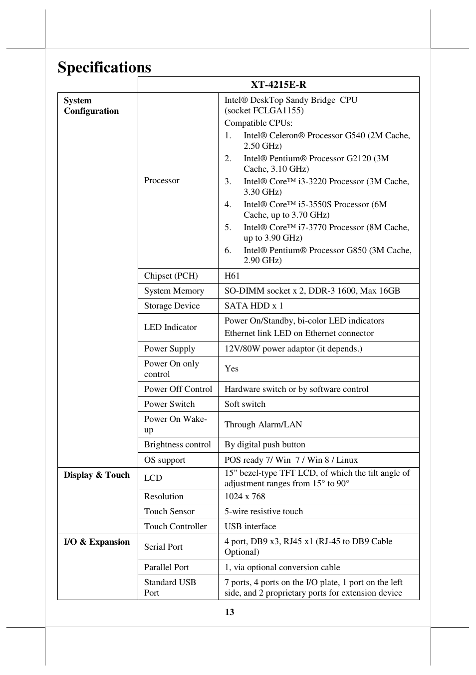 Specifications | Posiflex JIVA XT-4215IR User Manual | Page 13 / 16