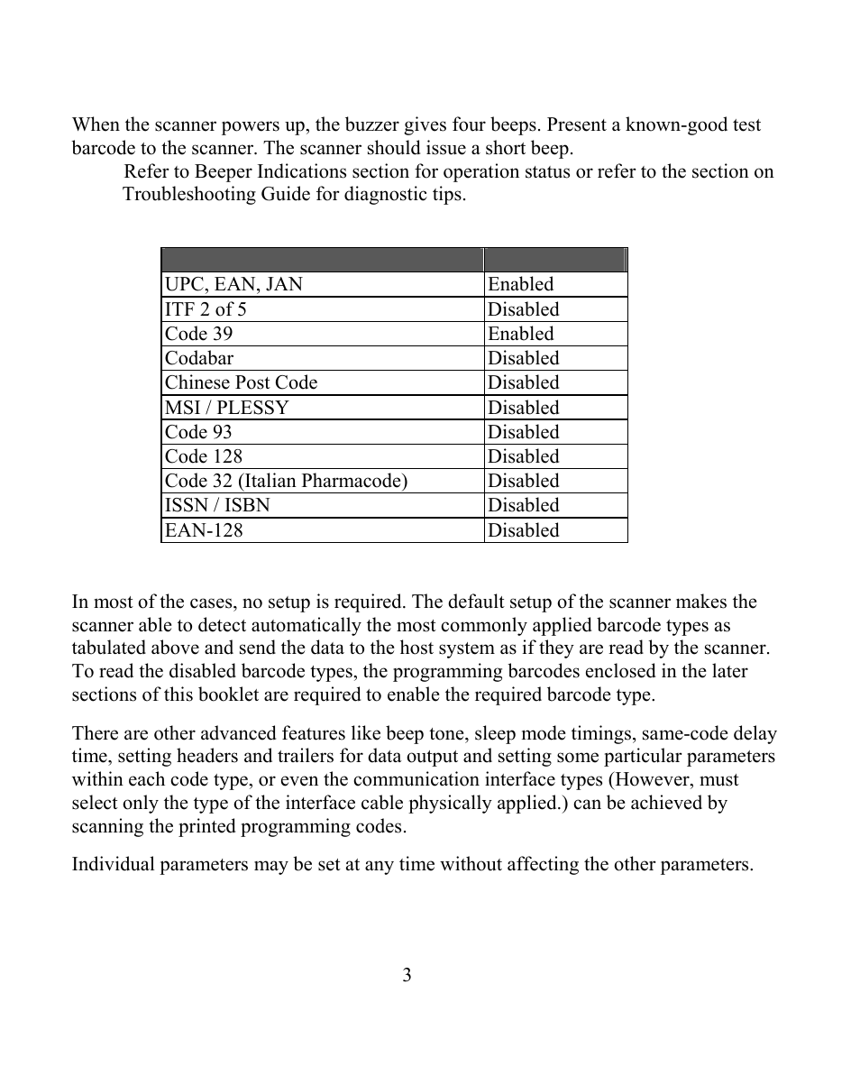 Operation status, Supported bar code types, Scanner setup (programming) | Posiflex HS-2510W-TS User Manual | Page 3 / 20