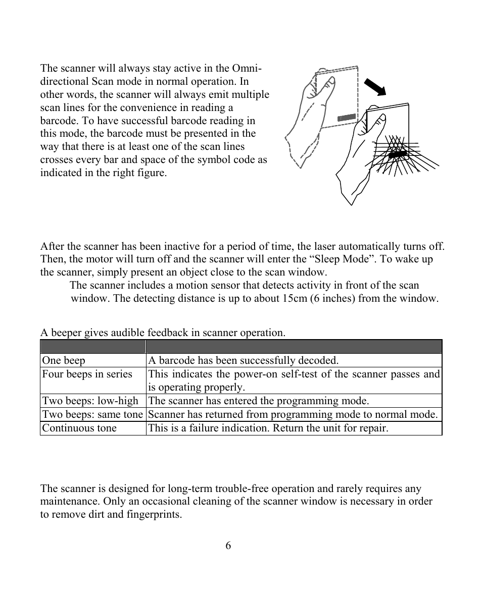 Omni-directional scan mode, Sleep mode, Beeper indication | Scanner maintantence, Maintaining the scanner | Posiflex HS-2510W-TS User Manual | Page 6 / 20