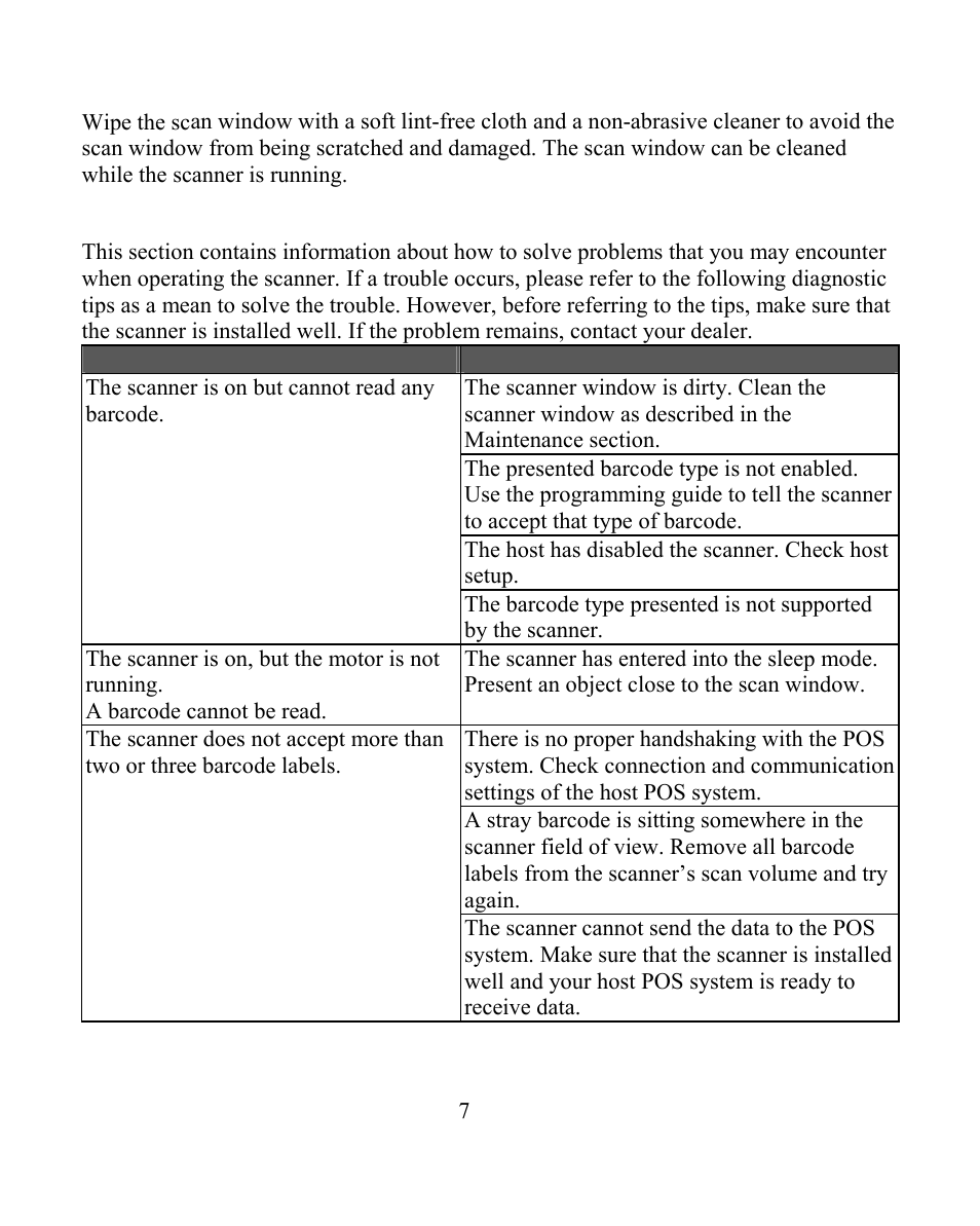 Cleaning the scan window, Trouble shooting guide | Posiflex HS-2510W-TS User Manual | Page 7 / 20