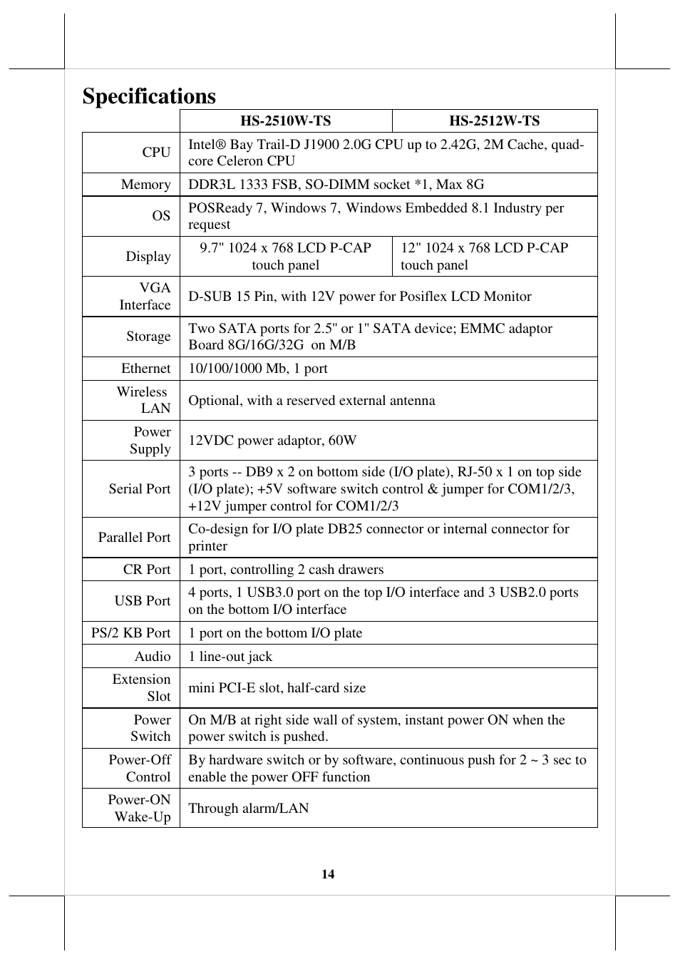 Specifications | Posiflex HS-2512W-TS User Manual | Page 14 / 16