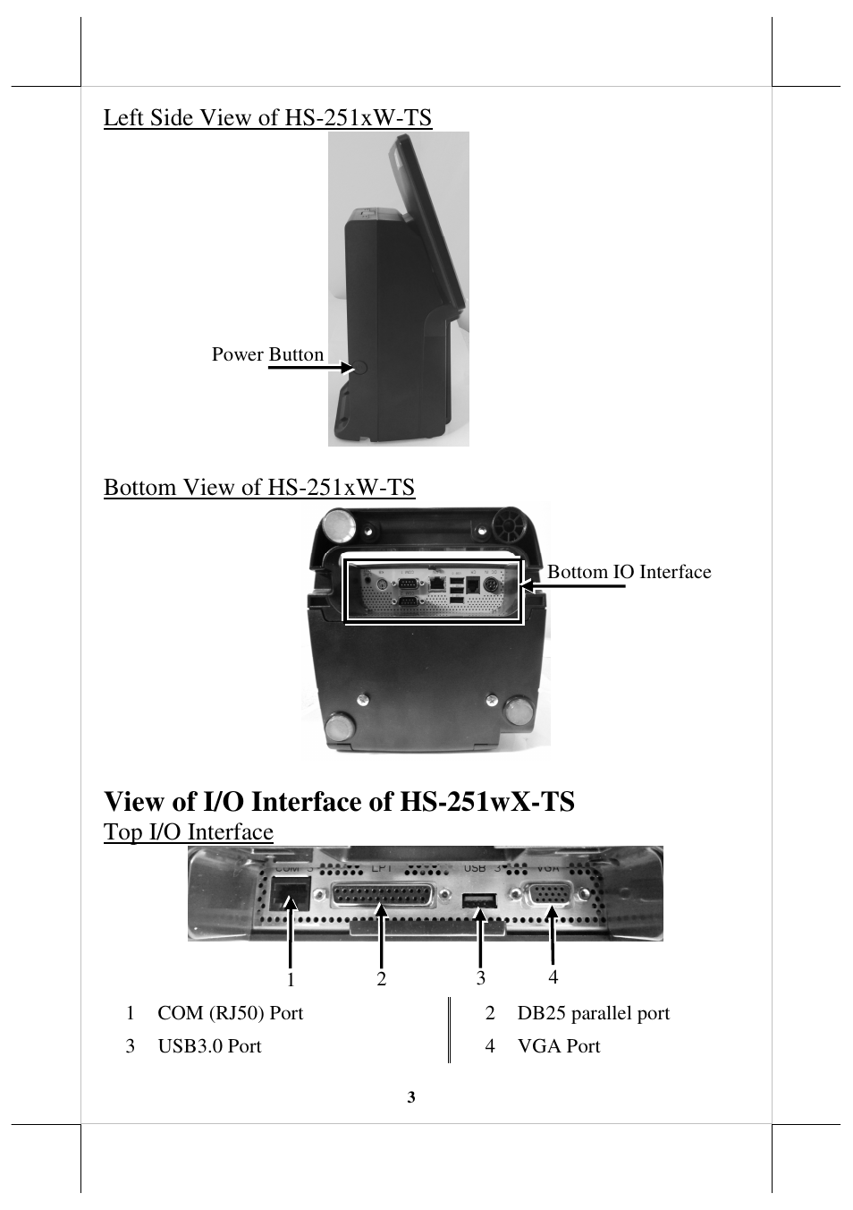 View of i/o interface of hs-251wx-ts | Posiflex HS-2512W-TS User Manual | Page 3 / 16