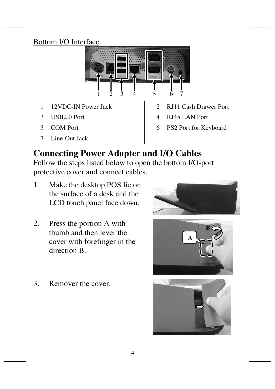 Connecting power adapter and i/o cables | Posiflex HS-2512W-TS User Manual | Page 4 / 16