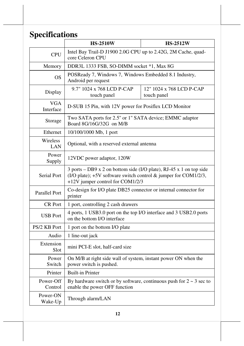 Specifications | Posiflex HS-2510W User Manual | Page 12 / 14