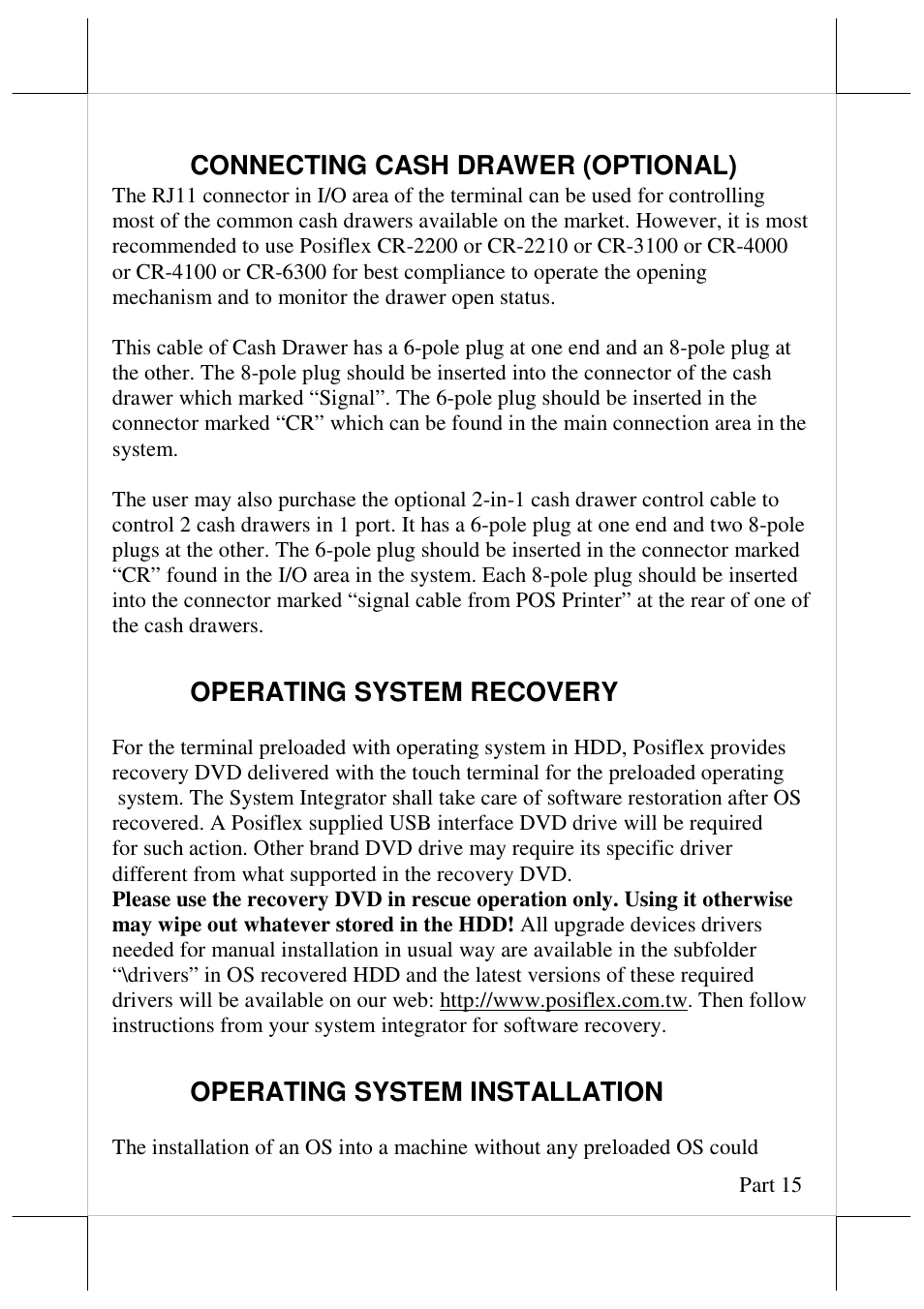 Connecting cash drawer (optional), Operating system recovery, Operating system installation | Posiflex JIVA HS-2310 User Manual | Page 15 / 19