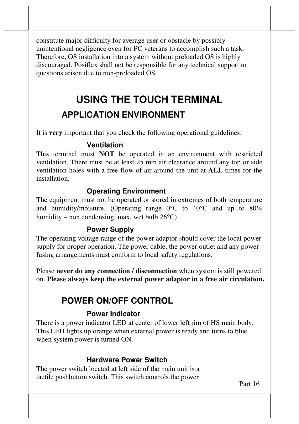 Using the touch terminal, Application environment, Power on/off control | Posiflex JIVA HS-2310 User Manual | Page 16 / 19