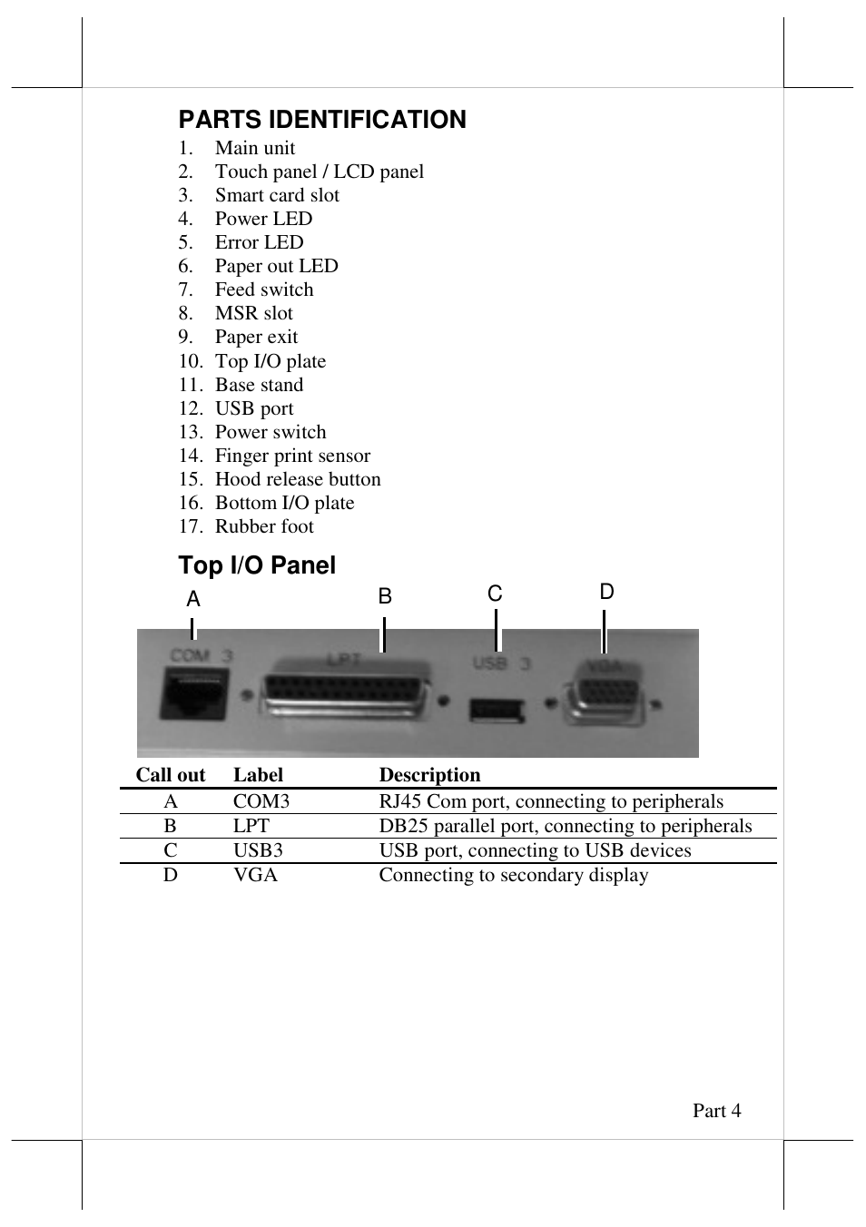 Parts identification, Top i/o panel | Posiflex JIVA HS-2310 User Manual | Page 4 / 19