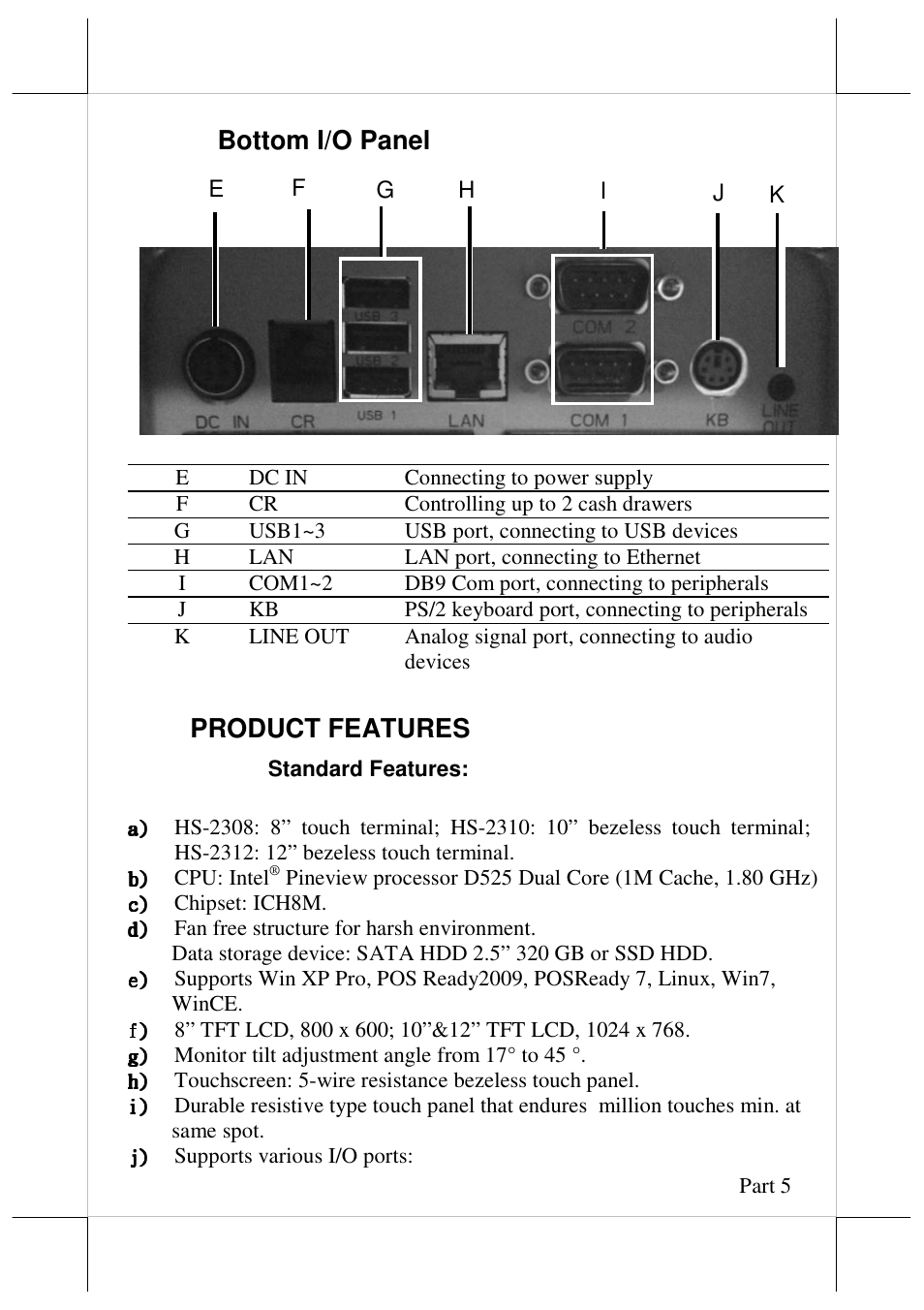 Bottom i/o panel, Product features | Posiflex JIVA HS-2310 User Manual | Page 5 / 19