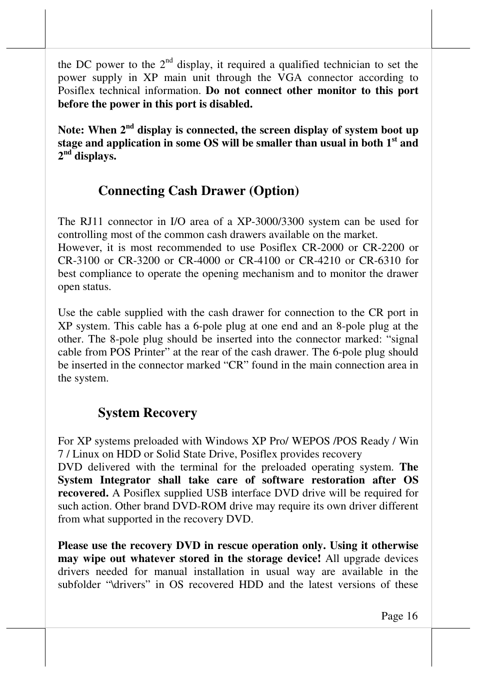 Connecting cash drawer (option), System recovery | Posiflex JIVA XP-3208 User Manual | Page 17 / 20