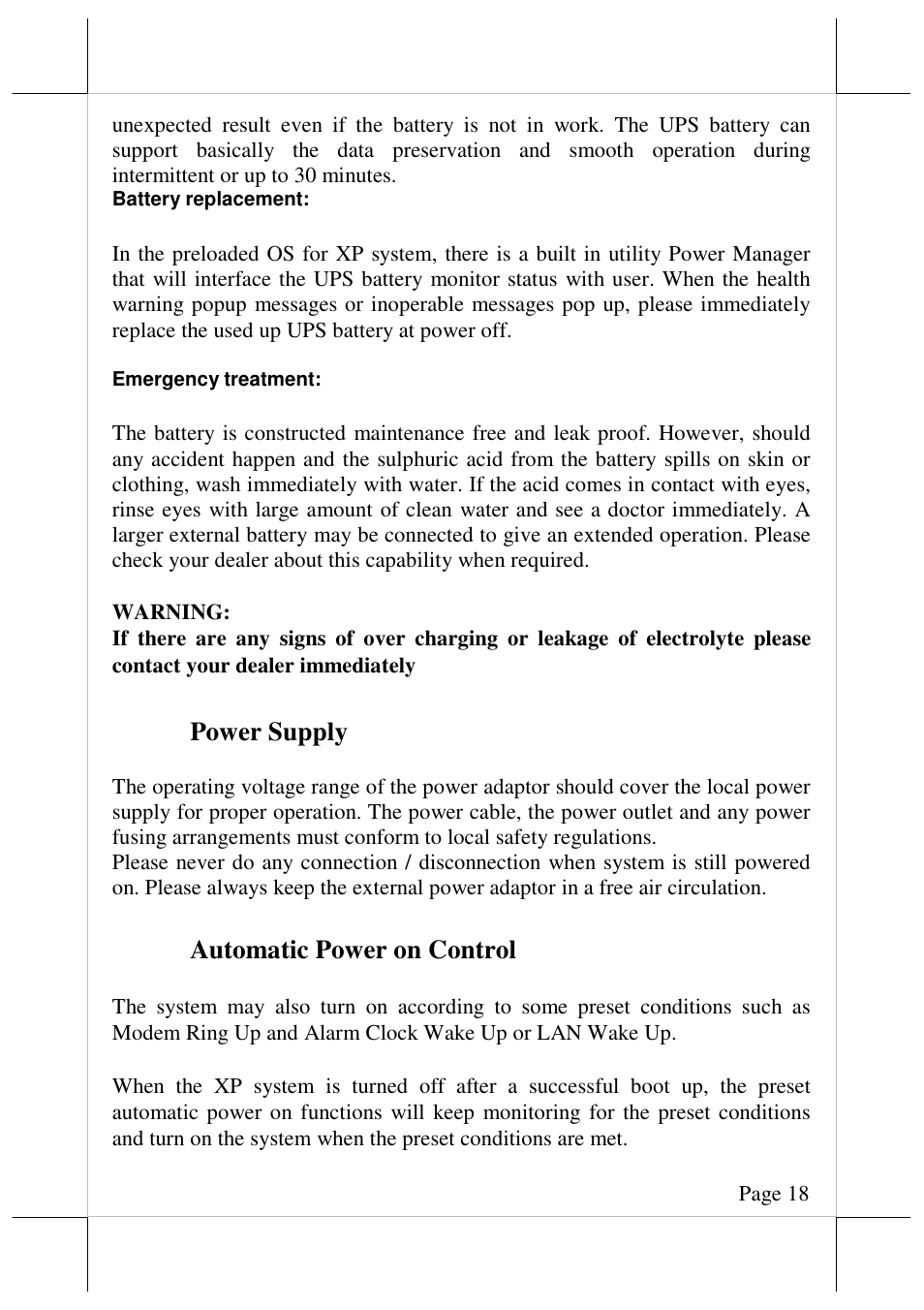 Power supply, Automatic power on control | Posiflex JIVA XP-3208 User Manual | Page 19 / 20