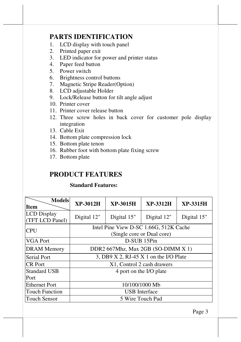 Parts identification, Product features | Posiflex JIVA XP-3208 User Manual | Page 4 / 20