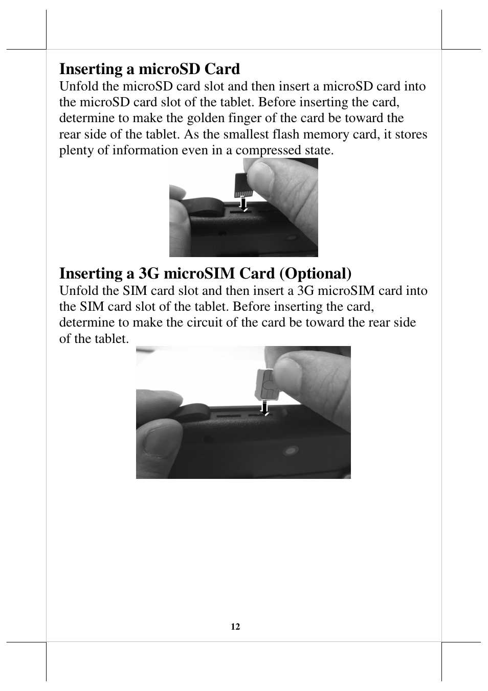 Inserting a microsd card, Inserting a 3g microsim card (optional) | Posiflex MT-4008W User Manual | Page 12 / 20