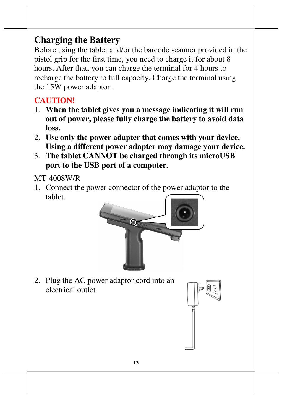 Charging the battery | Posiflex MT-4008W User Manual | Page 13 / 20
