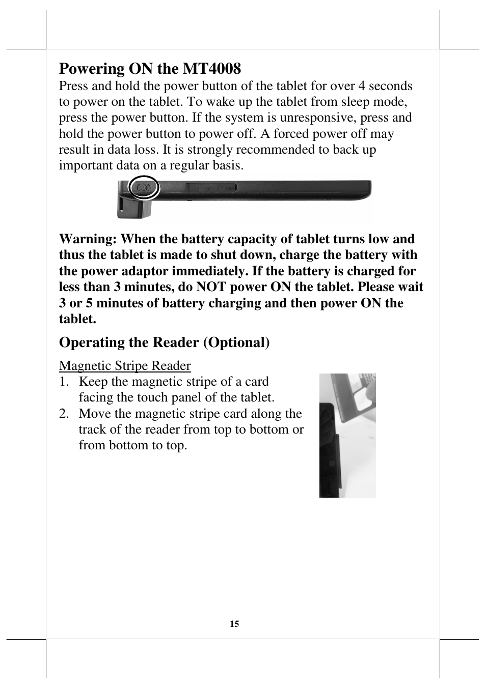 Powering on the mt4008 | Posiflex MT-4008W User Manual | Page 15 / 20