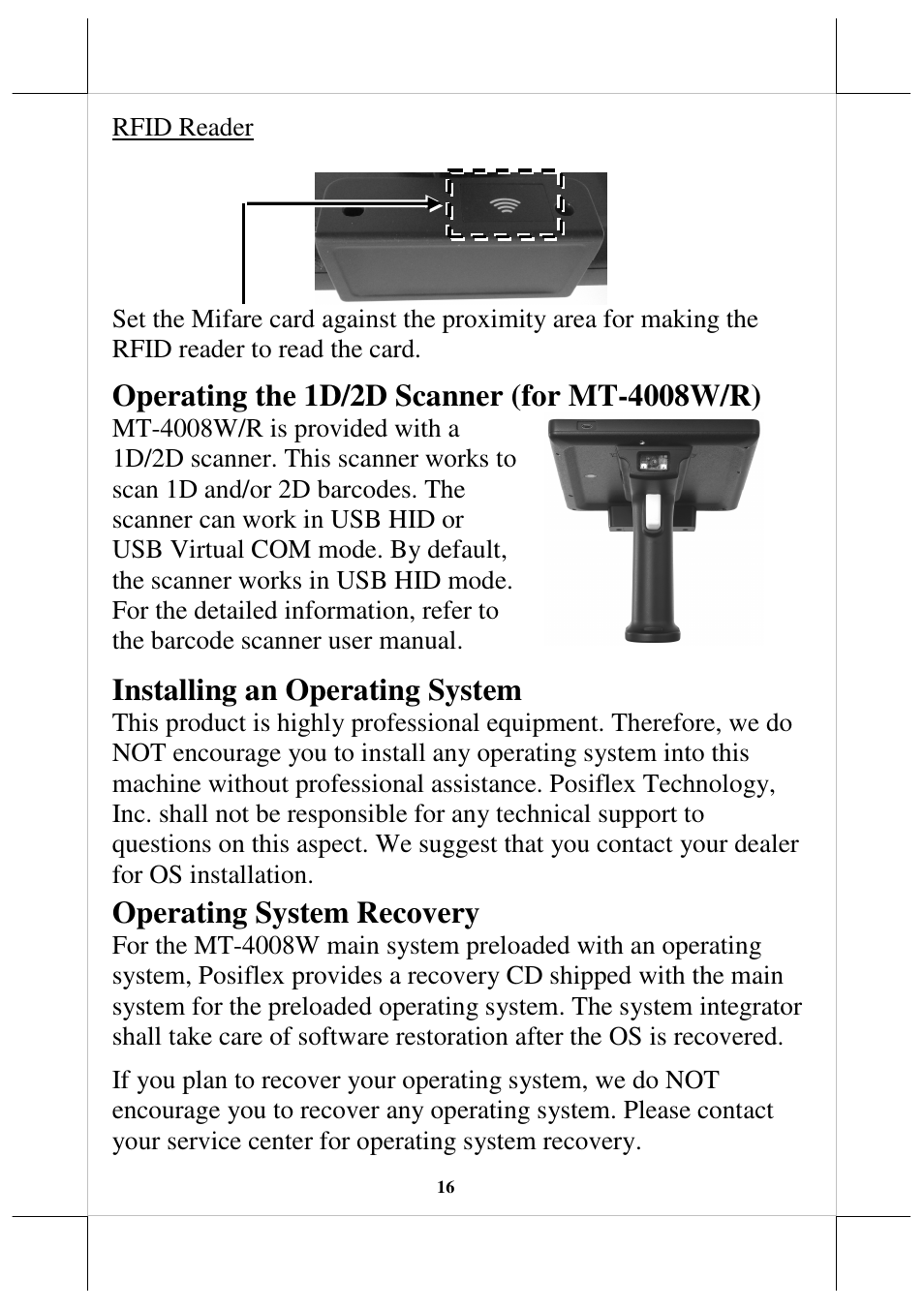 Installing an operating system, Operating system recovery | Posiflex MT-4008W User Manual | Page 16 / 20