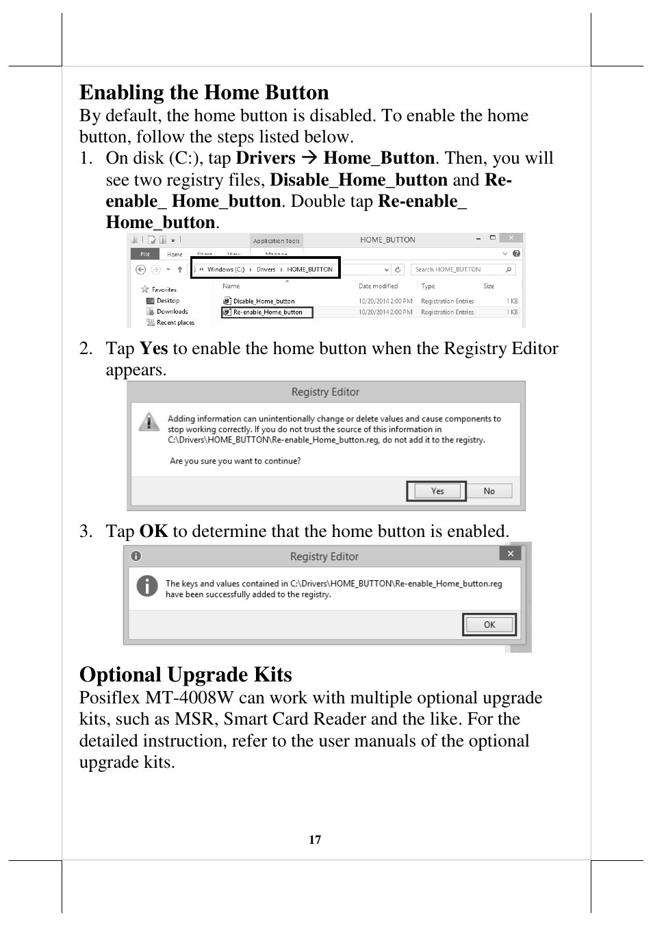 Enabling the home button, Optional upgrade kits | Posiflex MT-4008W User Manual | Page 17 / 20