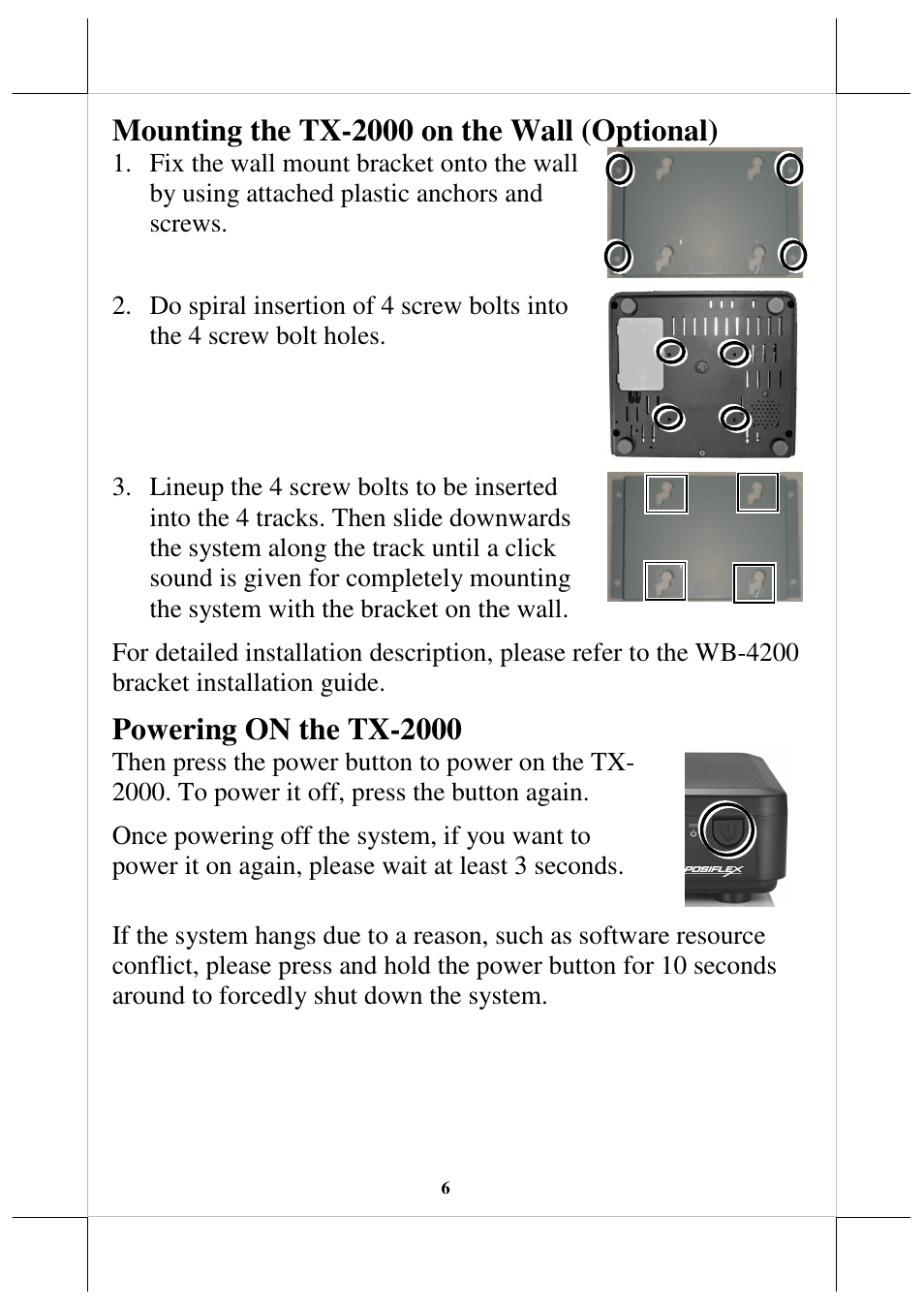 Mounting the tx-2000 on the wall (optional), Powering on the tx-2000 | Posiflex TX-2000 User Manual | Page 6 / 9