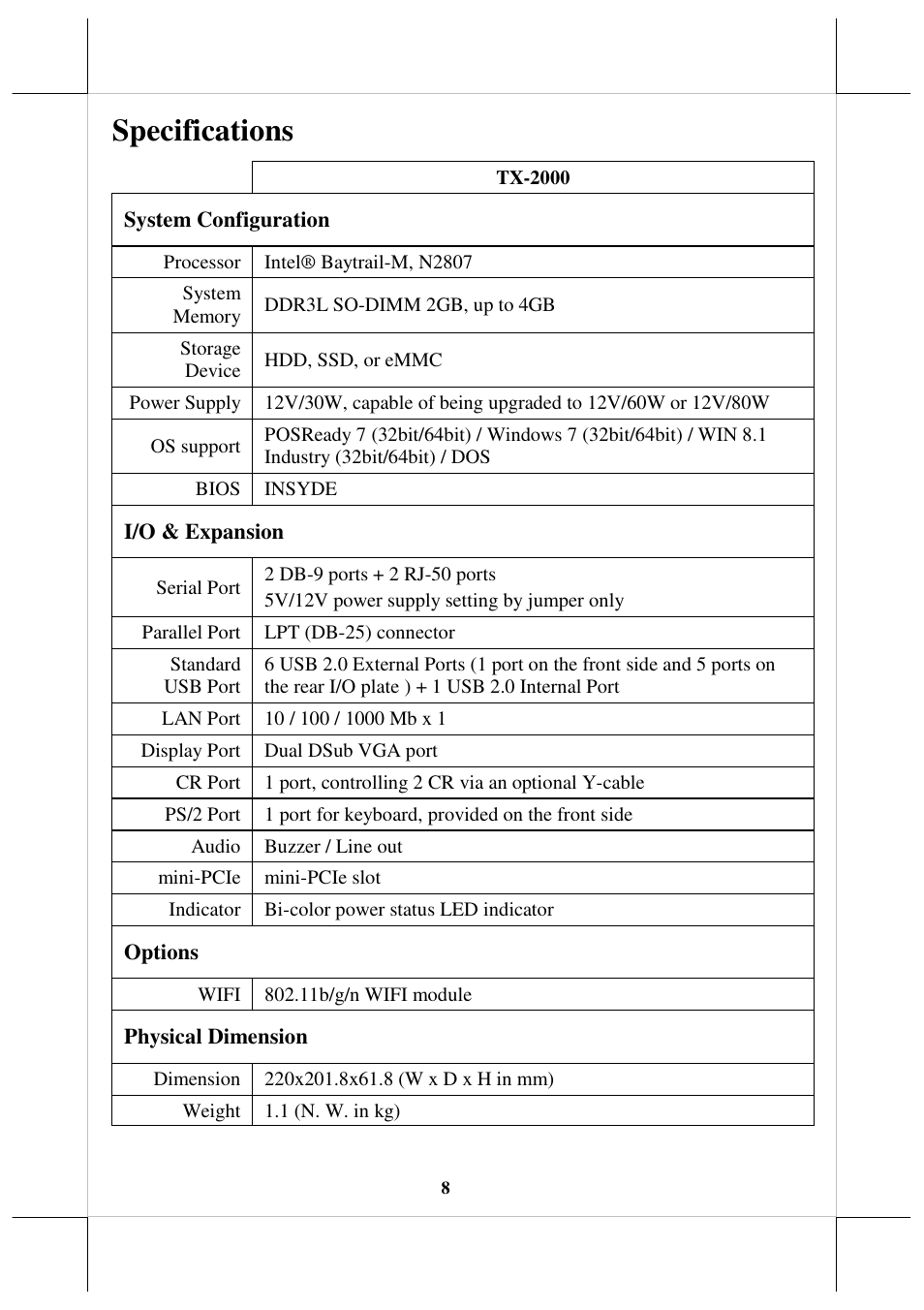 Specifications | Posiflex TX-2000 User Manual | Page 8 / 9