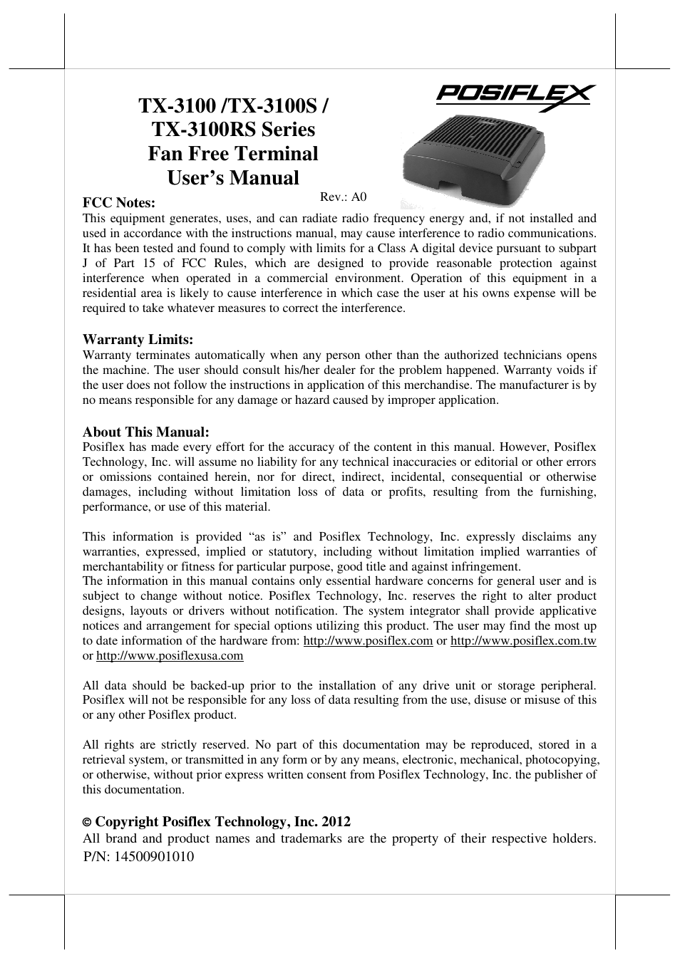 Posiflex TX-3100E User Manual | 10 pages