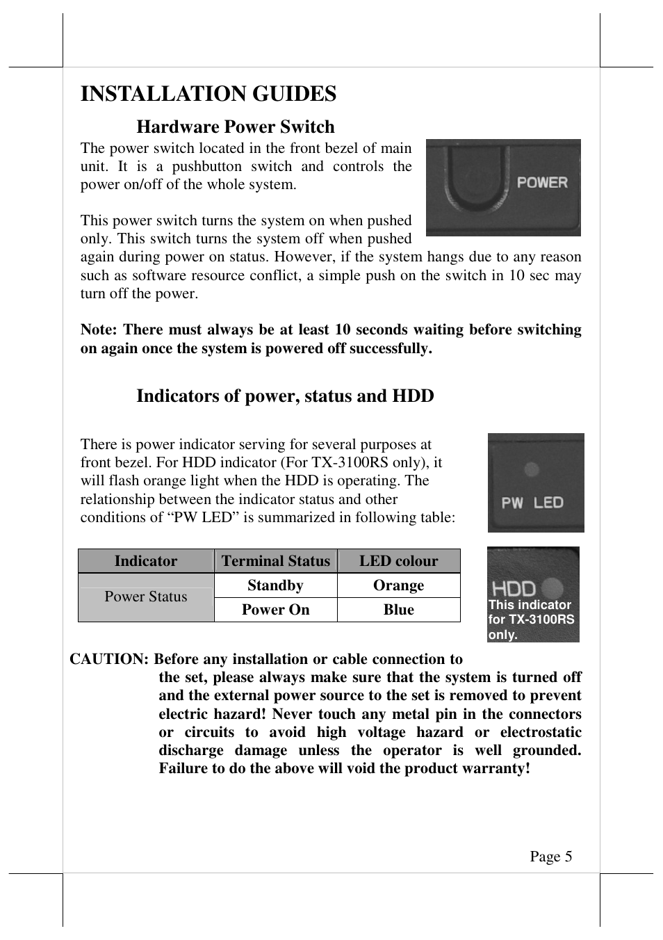 Installation guides, Hardware power switch, Indicators of power, status and hdd | Posiflex TX-3100E User Manual | Page 5 / 10