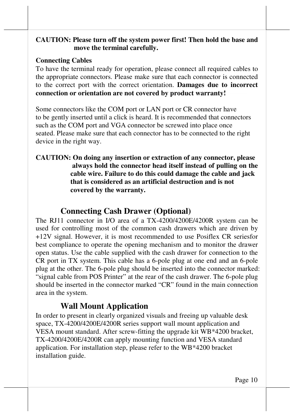 Connecting cash drawer (optional), Wall mount application | Posiflex TX-4200E User Manual | Page 10 / 12