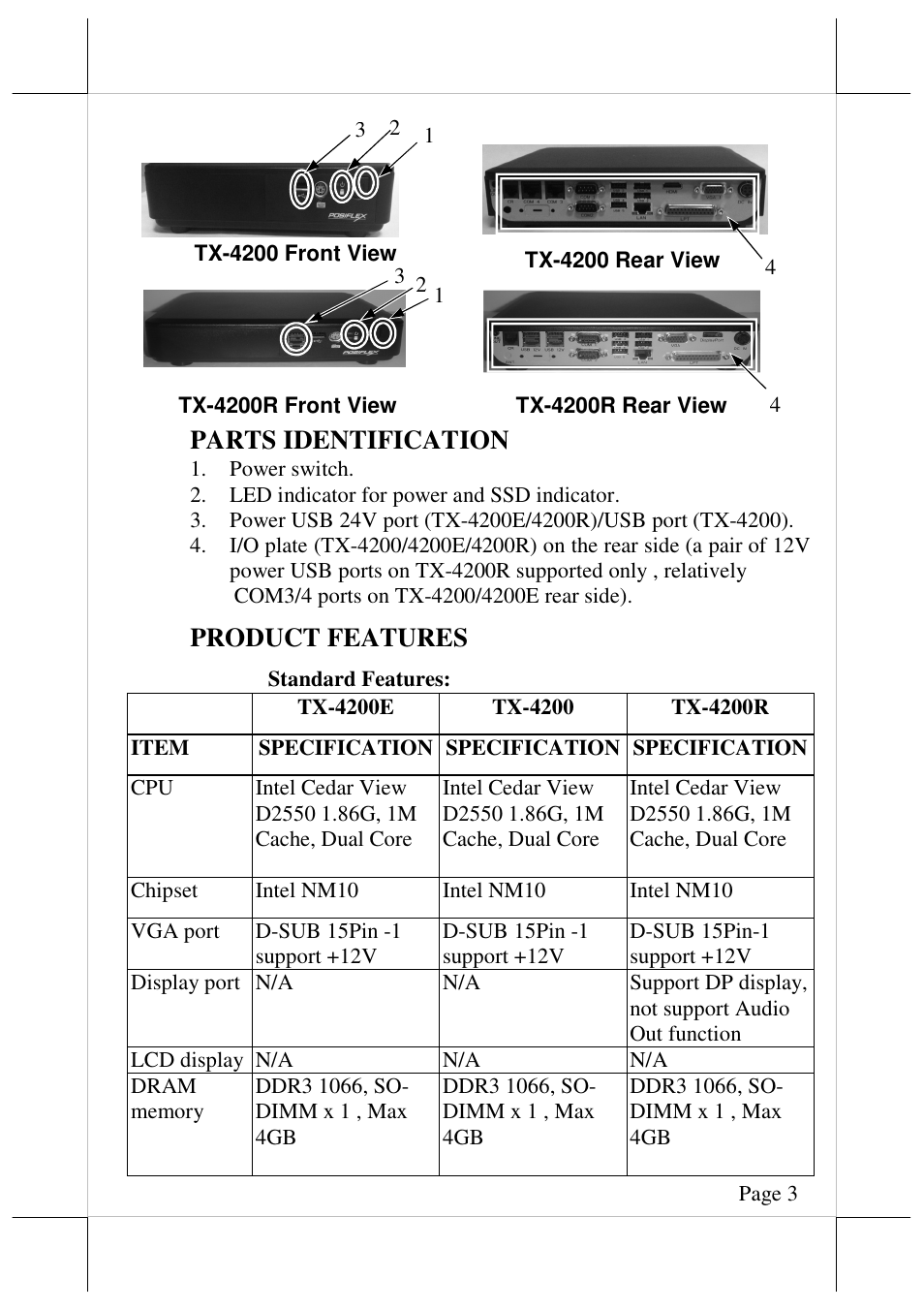 Parts identification, Product features | Posiflex TX-4200E User Manual | Page 3 / 12