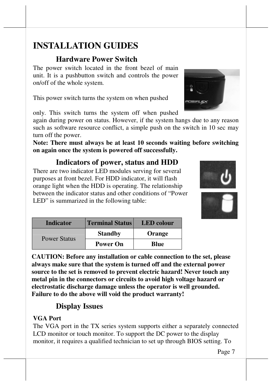 Installation guides, Hardware power switch, Indicators of power, status and hdd | Display issues | Posiflex TX-4200E User Manual | Page 7 / 12