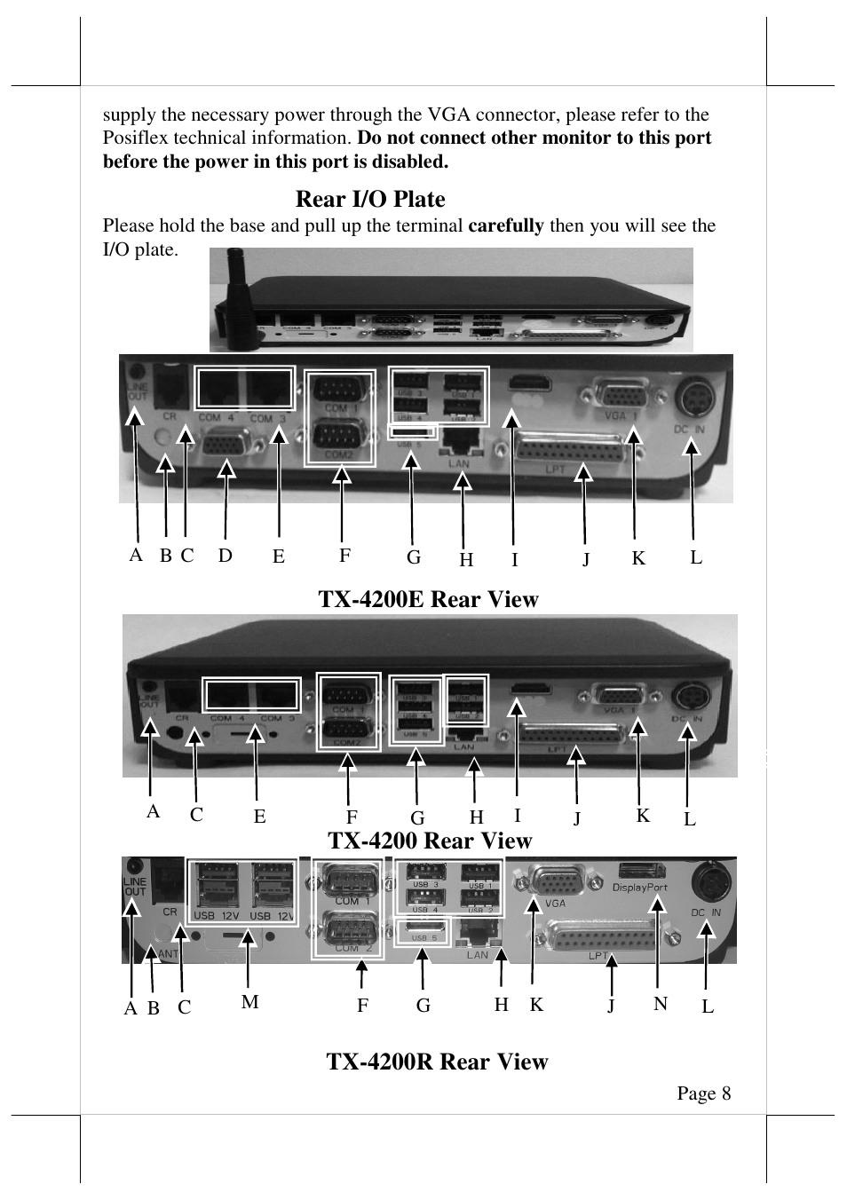 Rear i/o plate, Tx-4200e rear view, Tx-4200r rear view | Tx-4200 rear view | Posiflex TX-4200E User Manual | Page 8 / 12