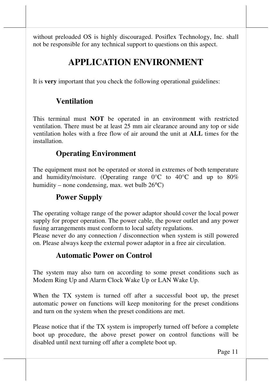 Application environment, Ventilation, Operating environment | Power supply, Automatic power on control | Posiflex TX-4200 User Manual | Page 11 / 12