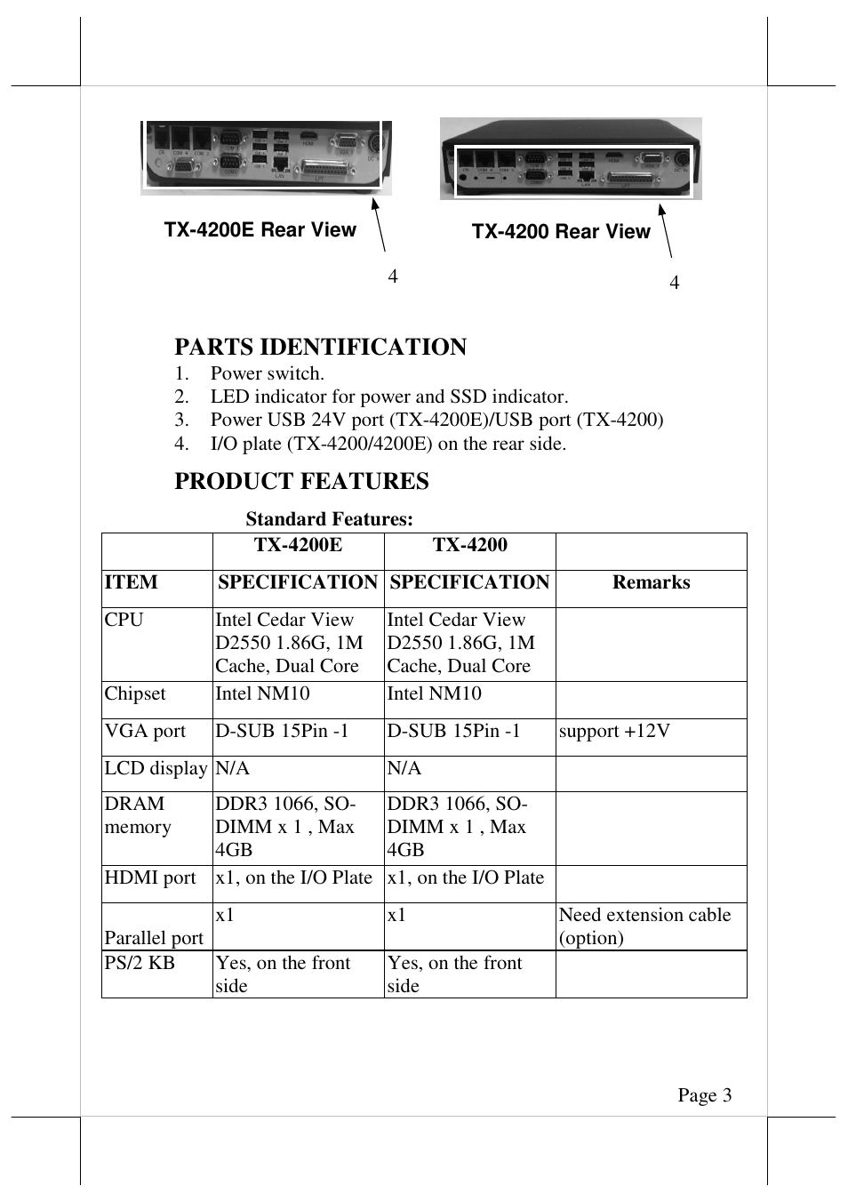 Parts identification, Product features | Posiflex TX-4200 User Manual | Page 3 / 12