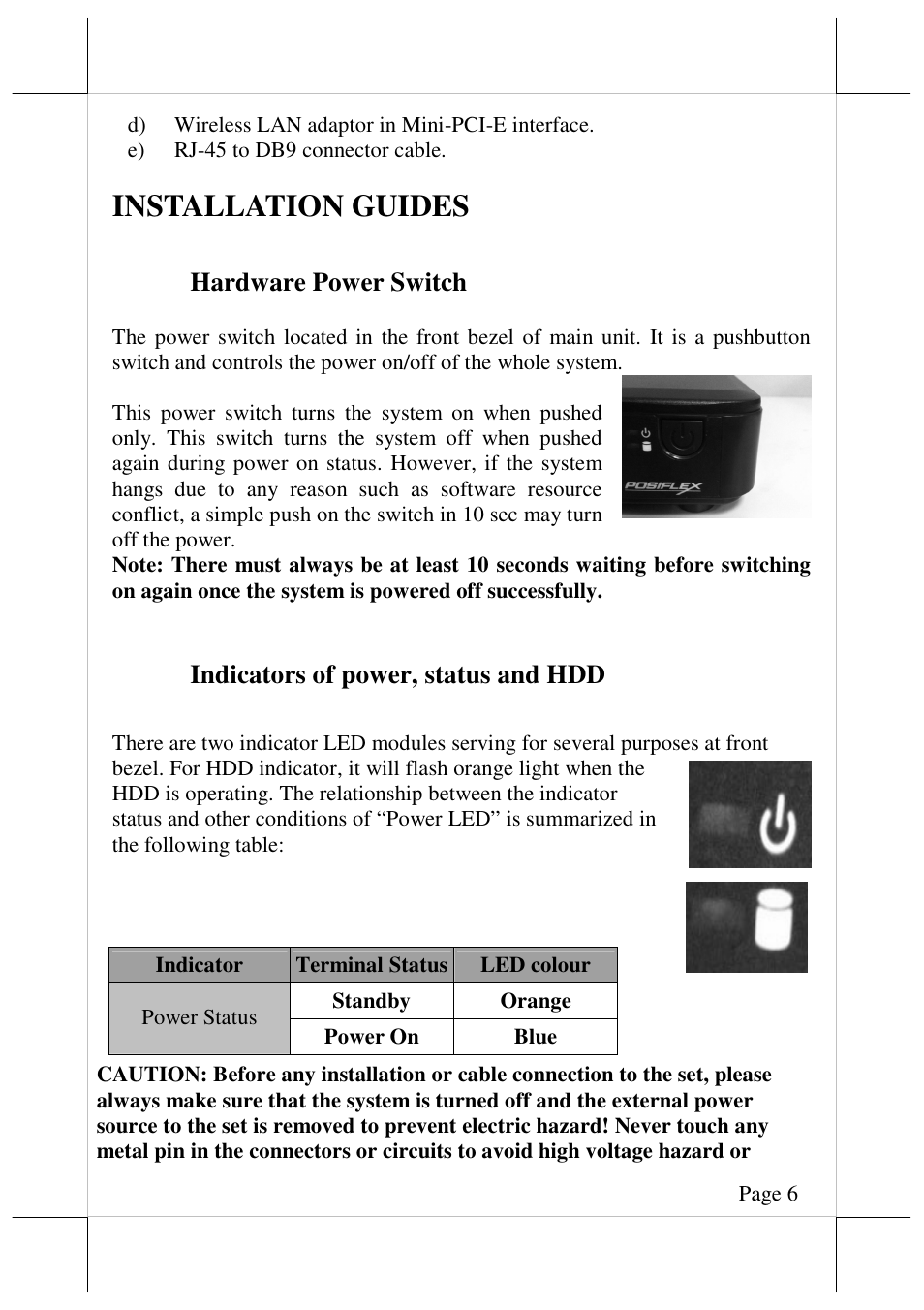 Installation guides, Hardware power switch, Indicators of power, status and hdd | Posiflex TX-4200 User Manual | Page 6 / 12