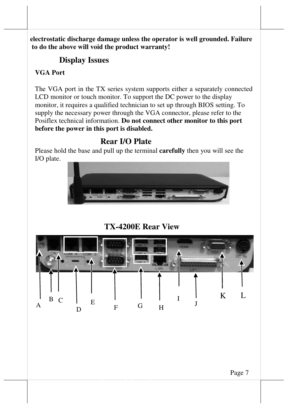 Display issues, Rear i/o plate, Kl tx-4200e rear view | Posiflex TX-4200 User Manual | Page 7 / 12