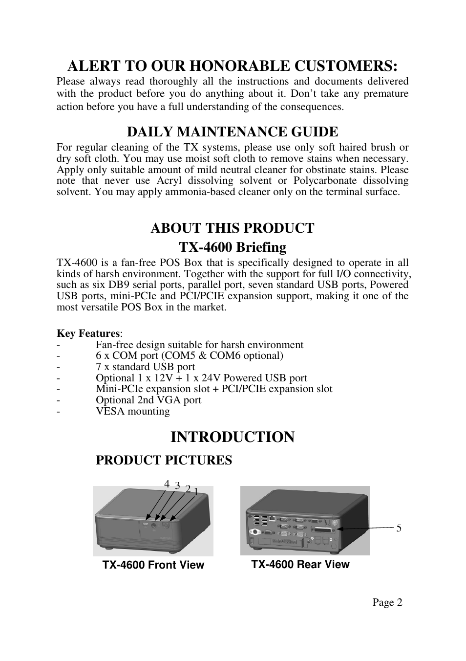 Alert to our honorable customers, Introduction, Daily maintenance guide | About this product tx-4600 briefing, Product pictures | Posiflex TX-4600 User Manual | Page 2 / 9