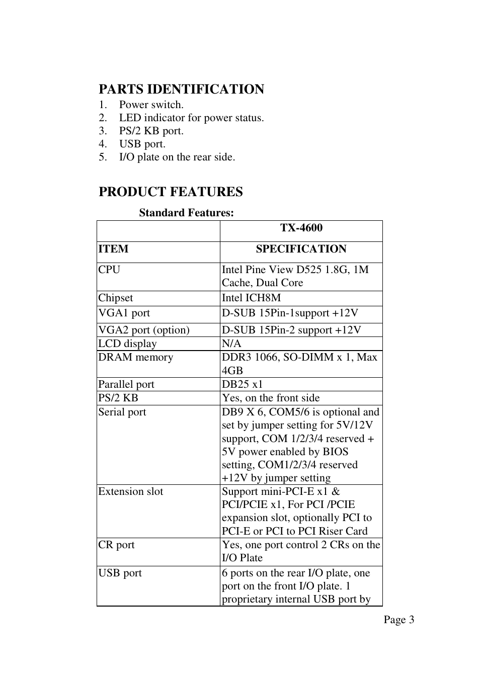 Parts identification, Product features | Posiflex TX-4600 User Manual | Page 3 / 9