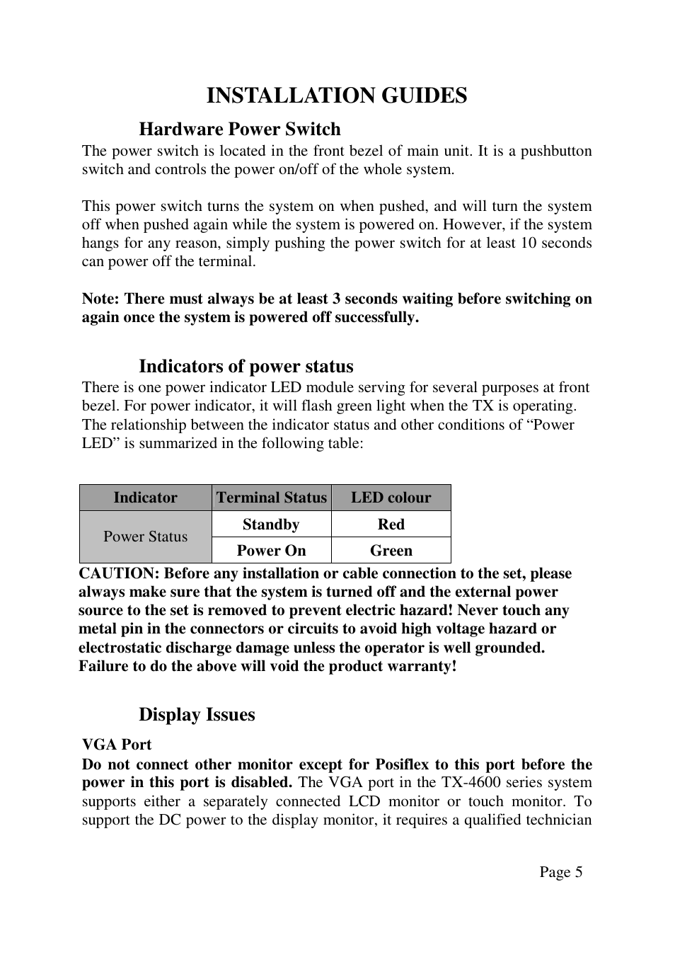 Installation guides, Hardware power switch, Indicators of power status | Display issues | Posiflex TX-4600 User Manual | Page 5 / 9