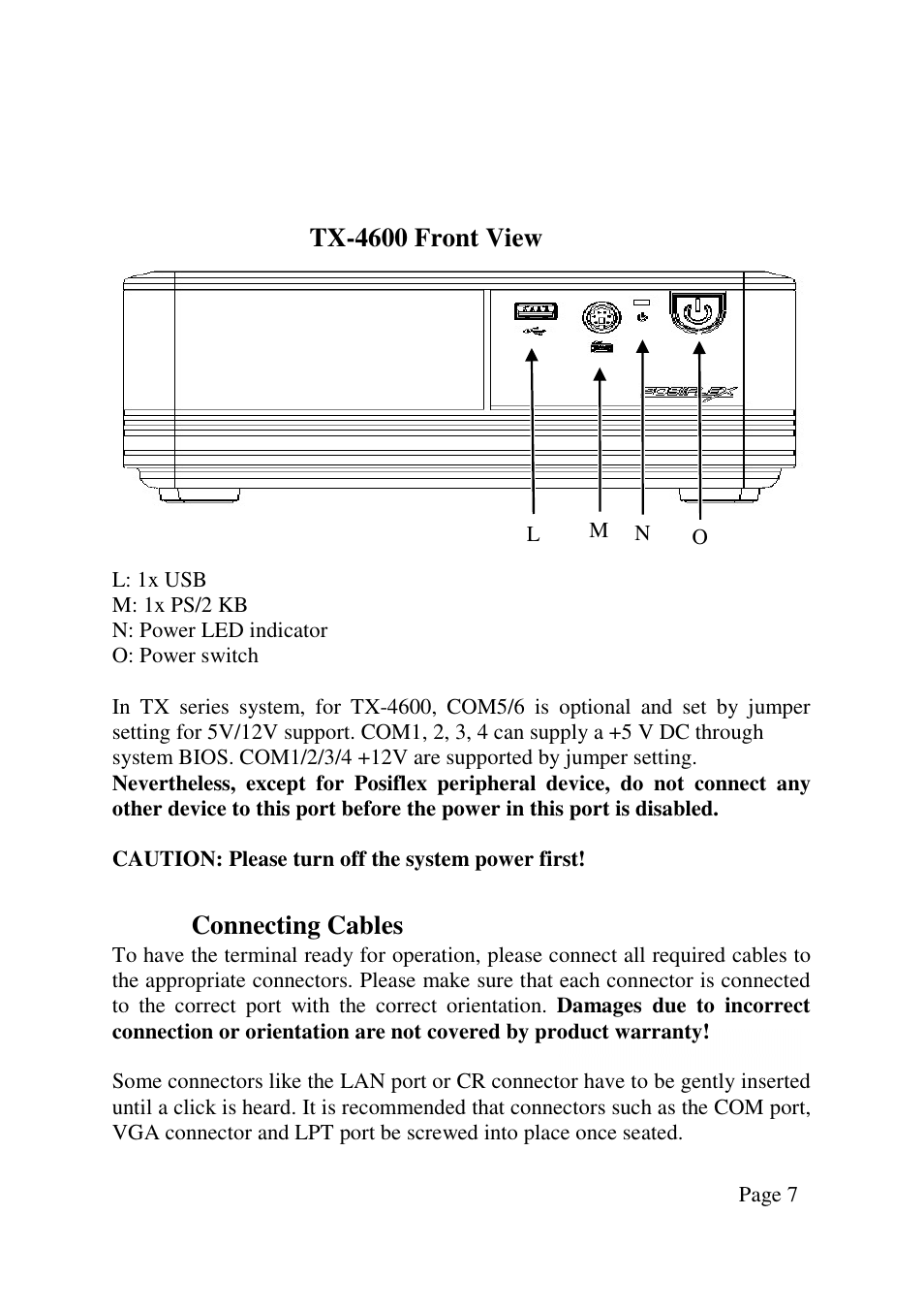 Connecting cables, Tx-4600 front view | Posiflex TX-4600 User Manual | Page 7 / 9