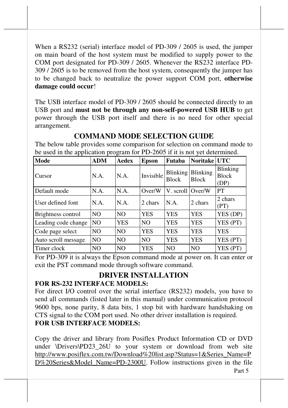 Command mode selection guide, Driver installation | Posiflex PD-2605UE User Manual | Page 5 / 11