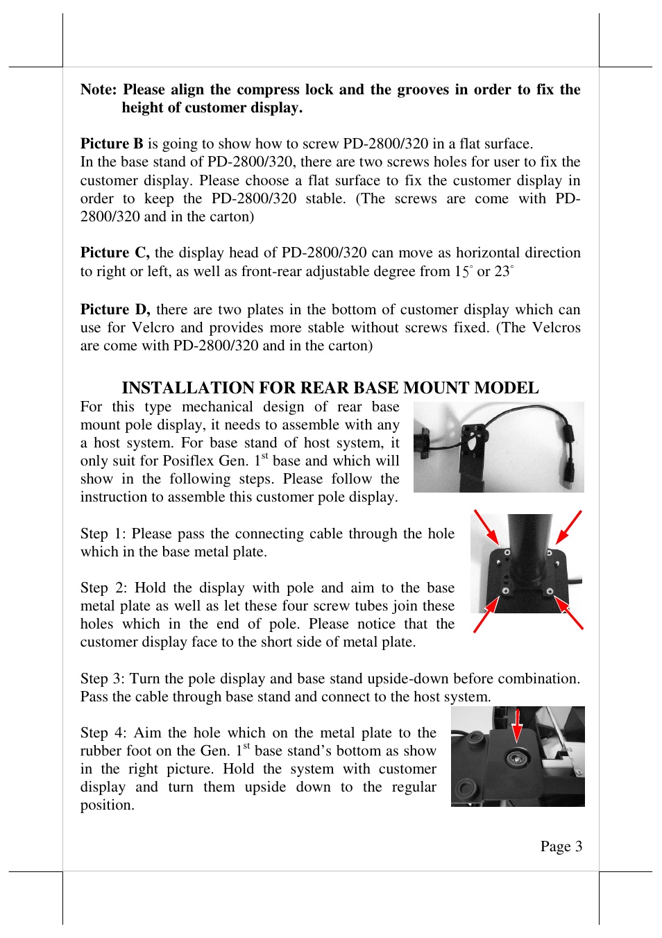 Installation for rear base mount model | Posiflex PD-2800UE User Manual | Page 4 / 7