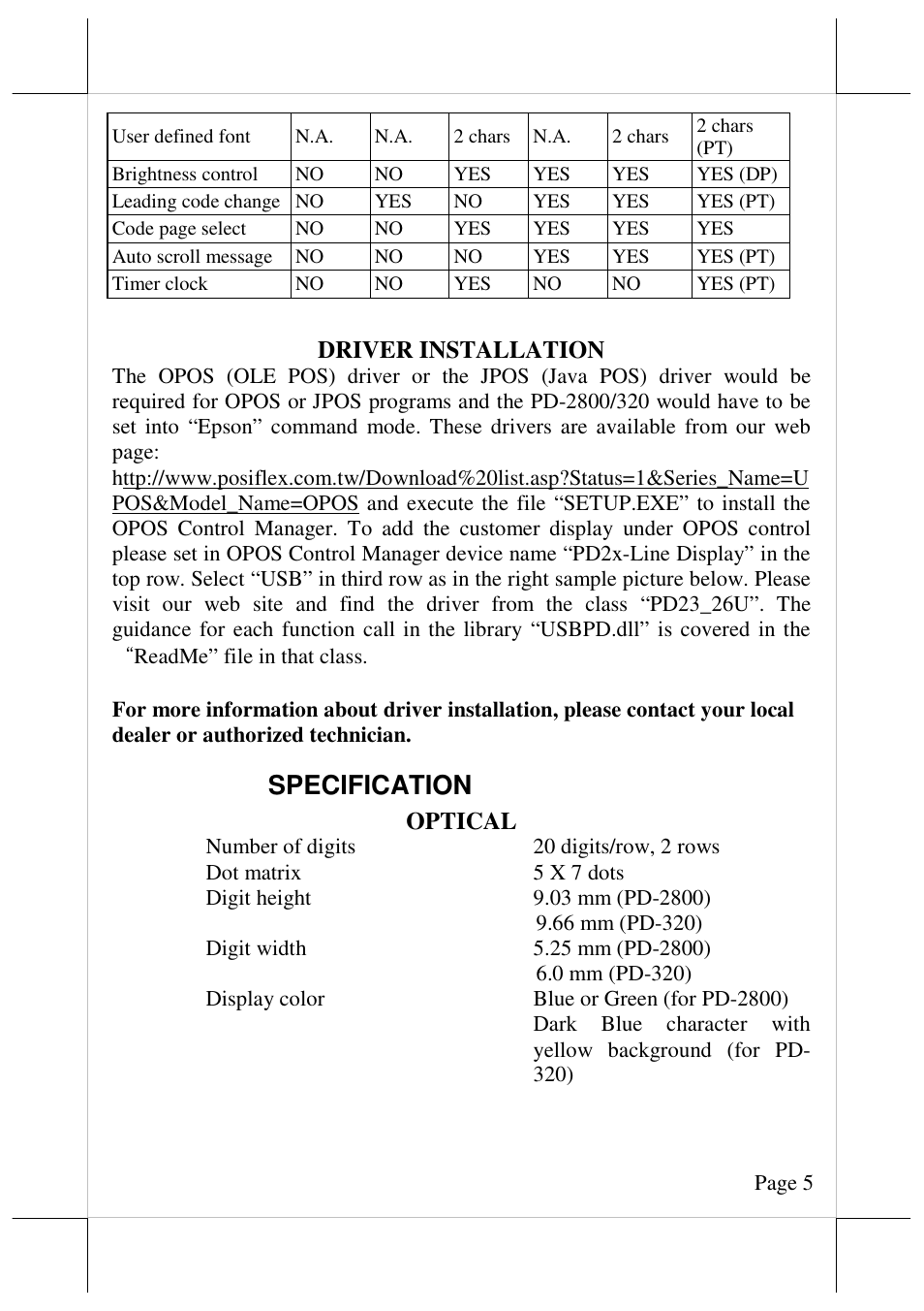 Specification, Driver installation, Optical | Posiflex PD-2800UE User Manual | Page 6 / 7