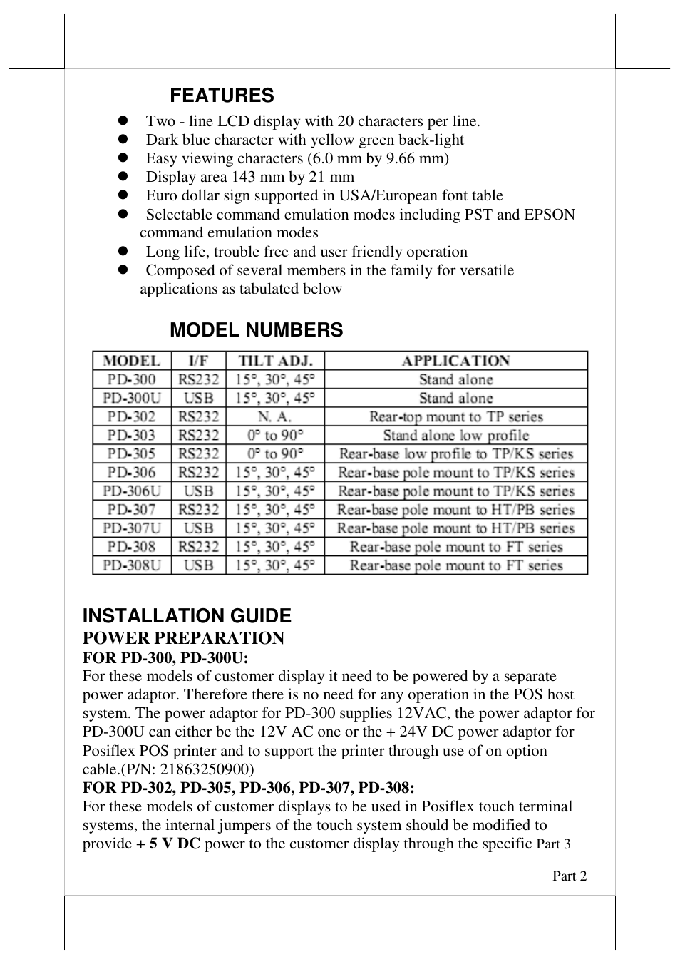 Features, Model numbers, Installation guide | Posiflex PD-300R User Manual | Page 2 / 10