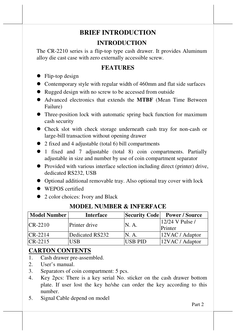 Brief introduction | Posiflex CR-2210 Series User Manual | Page 2 / 9