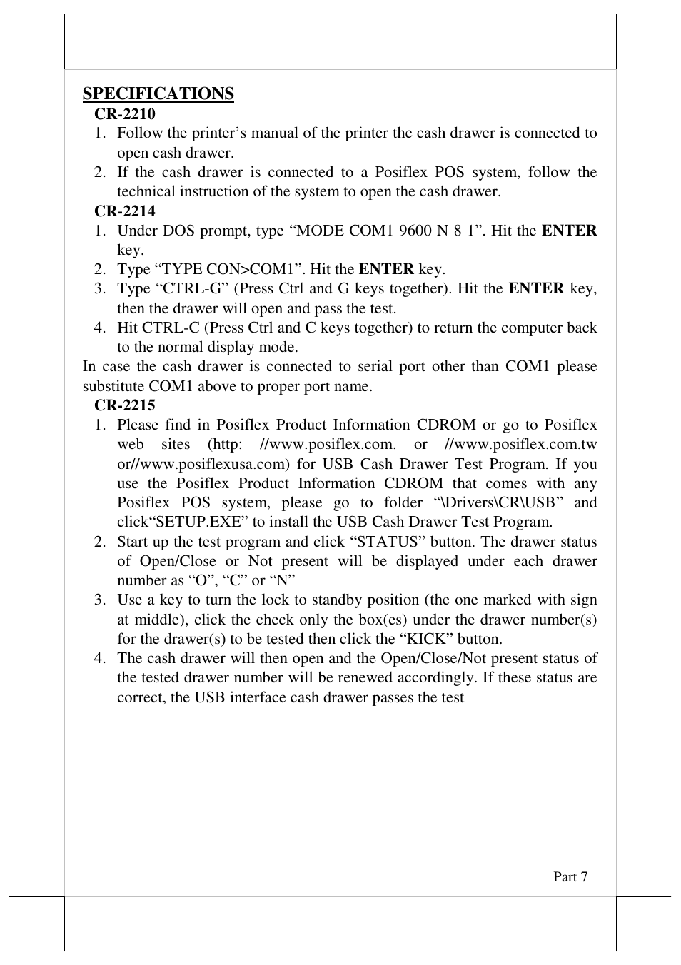 Specifications | Posiflex CR-2210 Series User Manual | Page 7 / 9