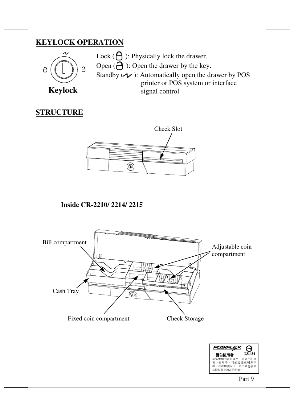 Keylock, Keylock operation, Structure | Posiflex CR-2210 Series User Manual | Page 9 / 9