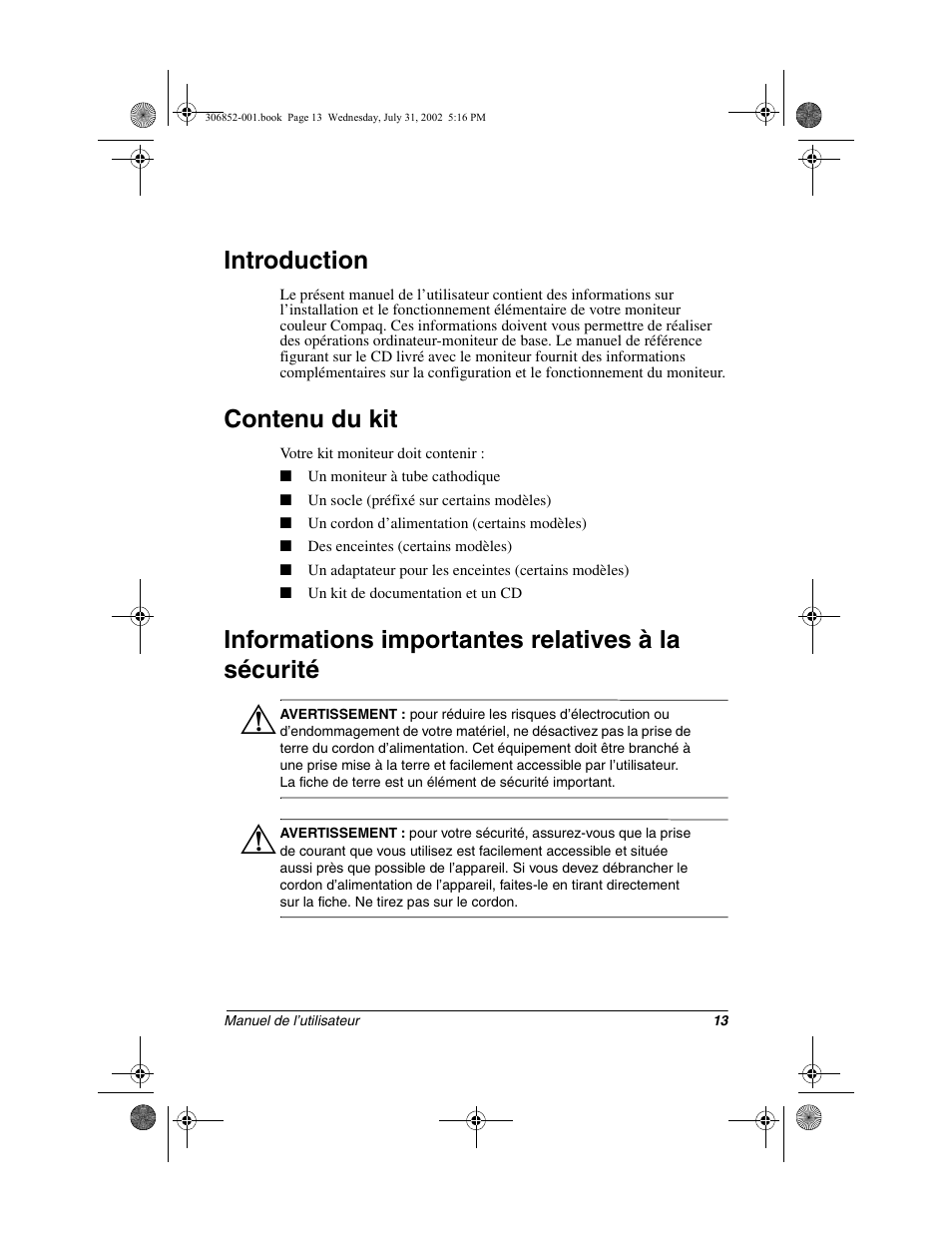 Introduction, Contenu du kit, Informations importantes relatives à la sécurité | Compaq 7500 User Manual | Page 15 / 54