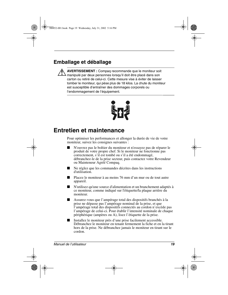 Entretien et maintenance, Emballage et déballage | Compaq 7500 User Manual | Page 21 / 54