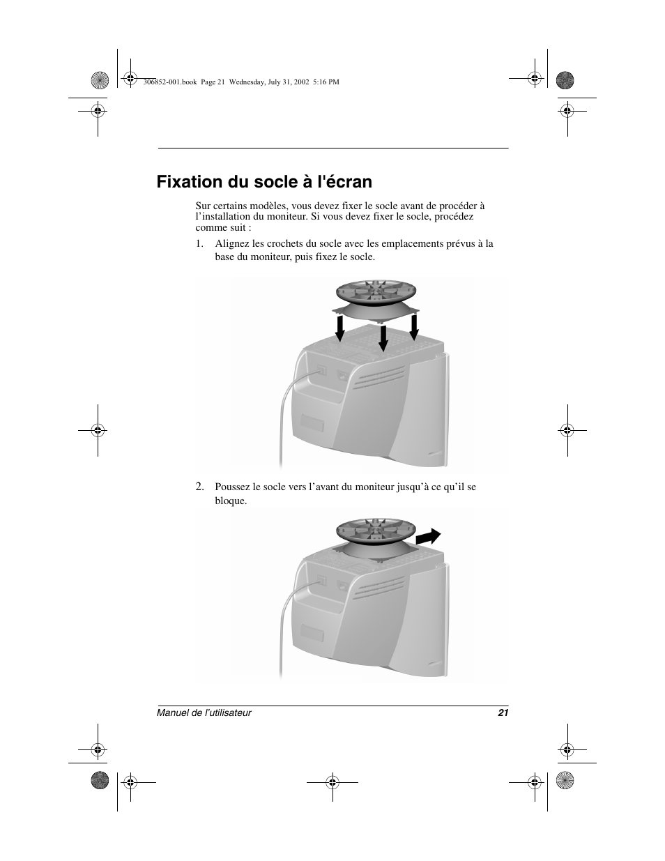 Fixation du socle à l'écran | Compaq 7500 User Manual | Page 23 / 54
