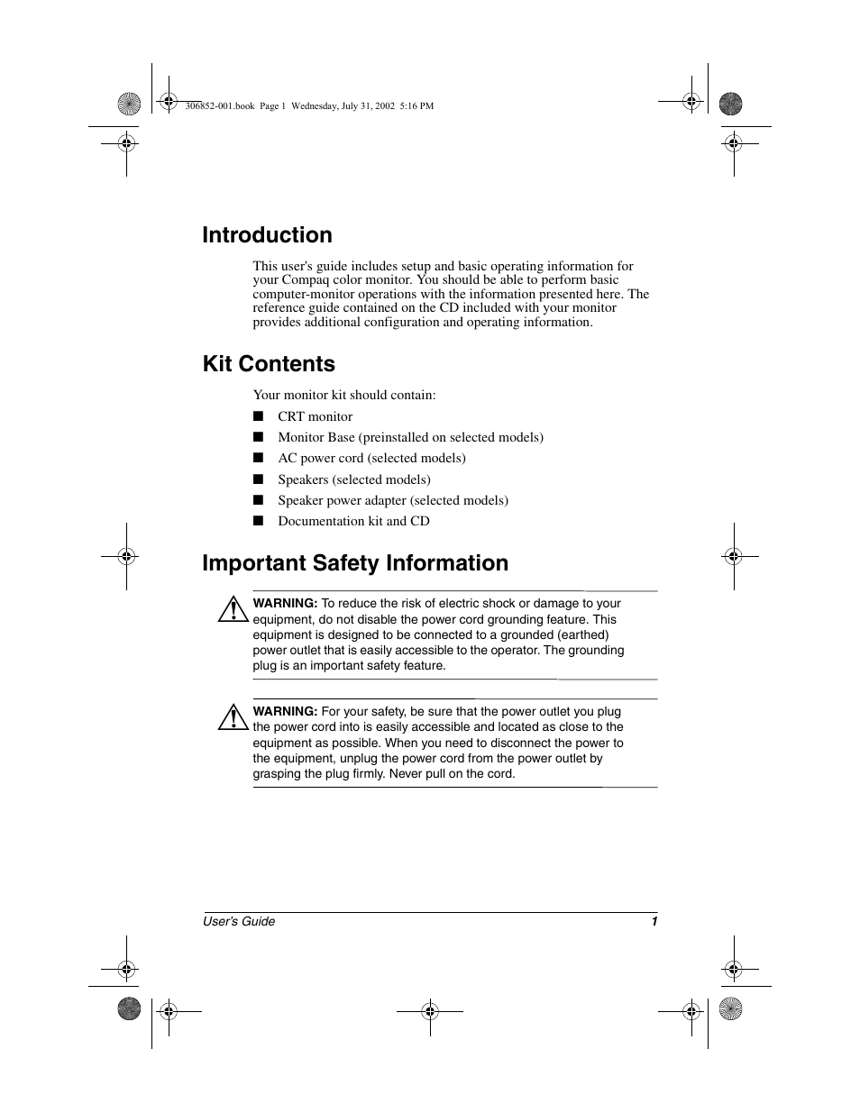 Introduction, Kit contents, Important safety information | Compaq 7500 User Manual | Page 3 / 54
