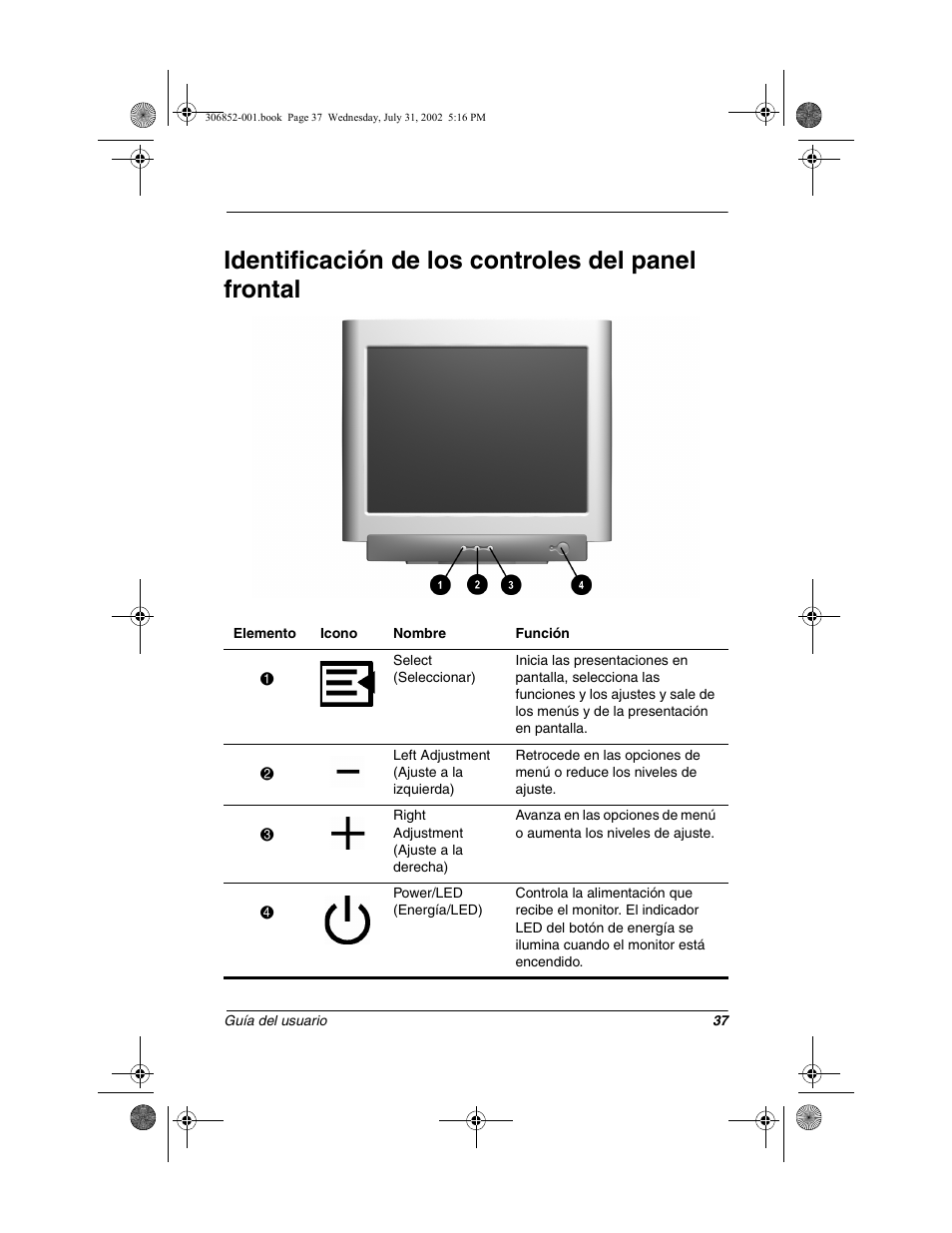 Identificación de los controles del panel frontal | Compaq 7500 User Manual | Page 39 / 54